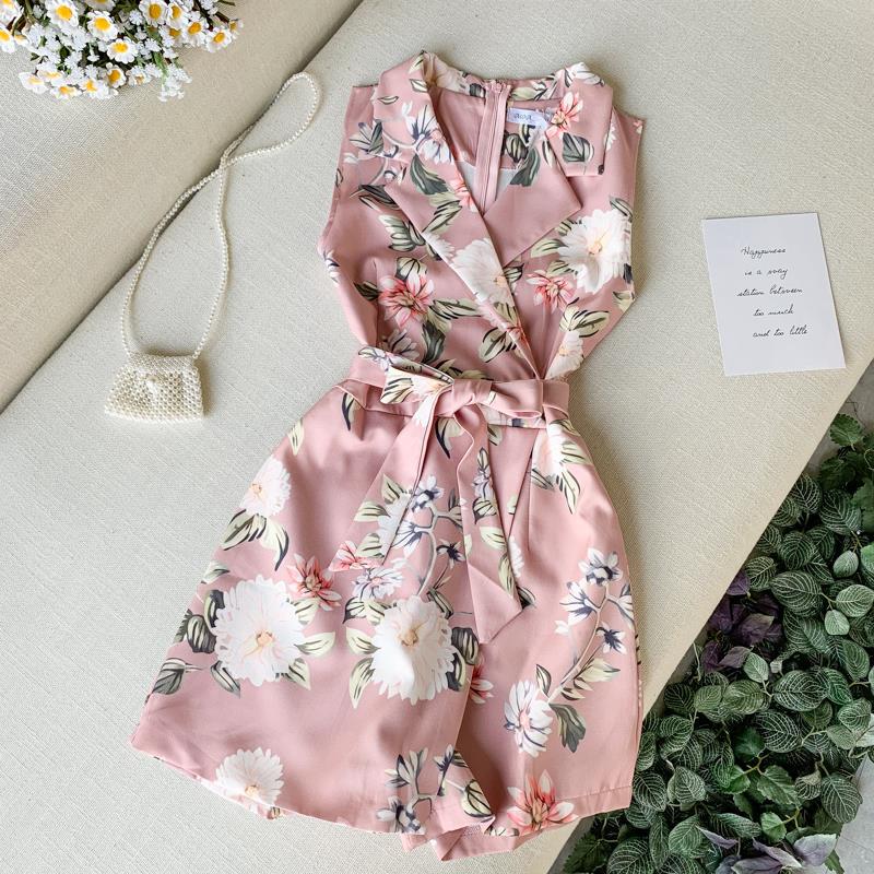 Temperament Suit Collar Sleeveless Floral One-piece Shorts