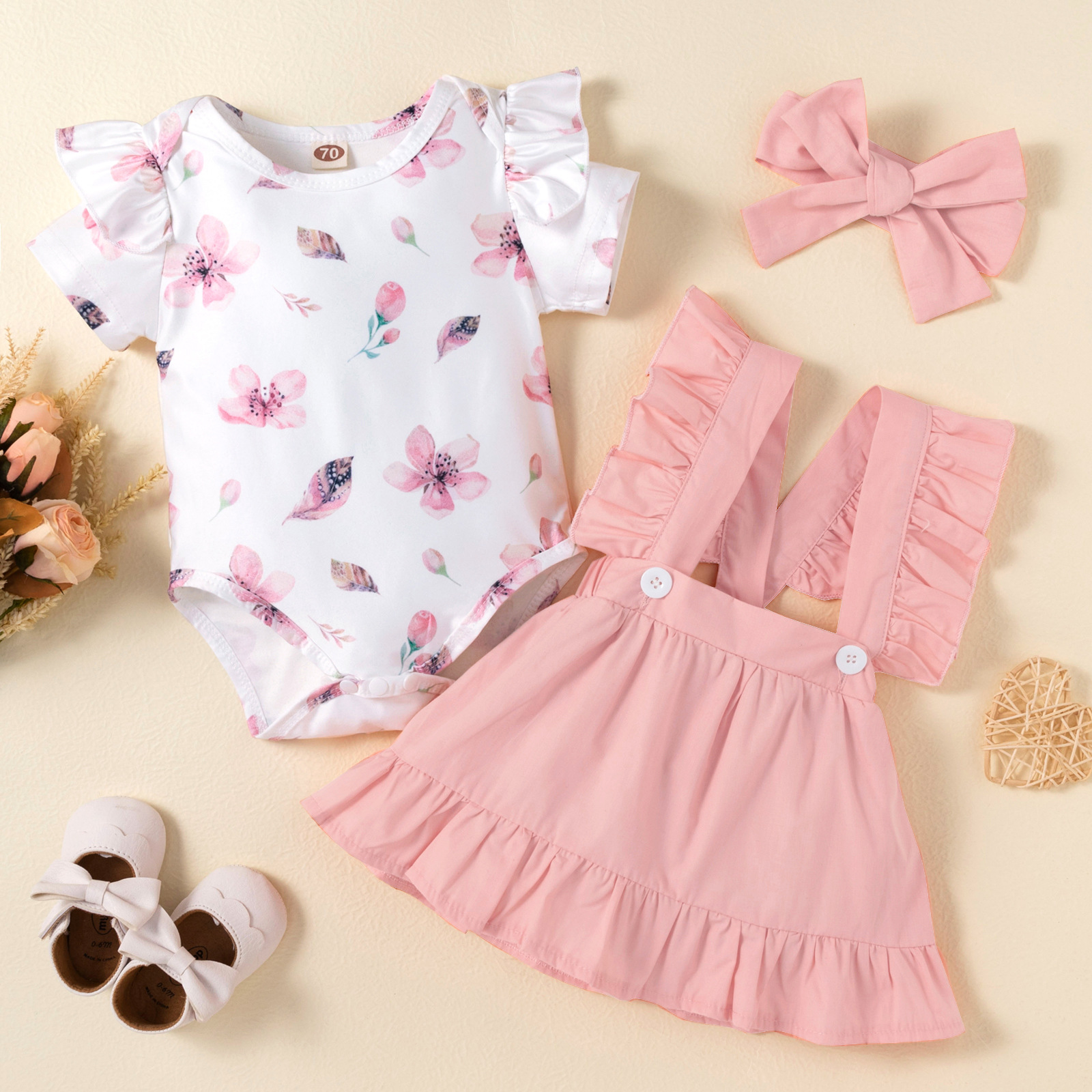Flower Printed Short Sleeved Top With Straps Skirt Headwear Three Piece Set