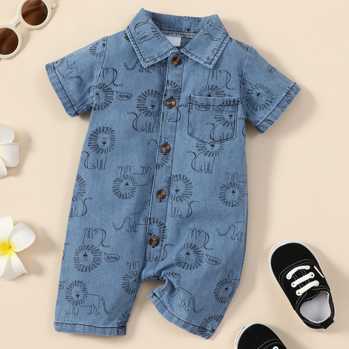 Boy Lion Printing Denim Jumpsuit