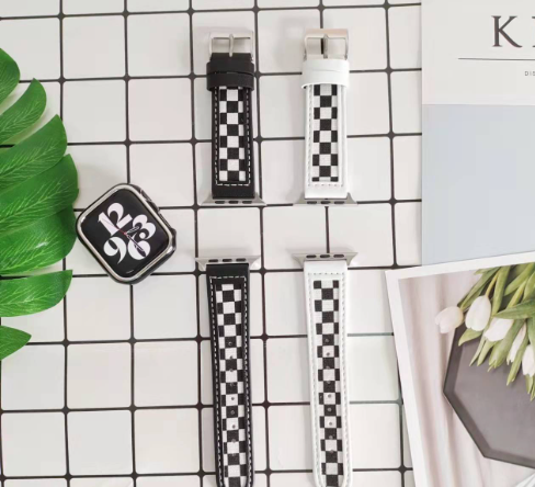 Iwatch7 654321 Black And White Checker Canvas Leather Strap