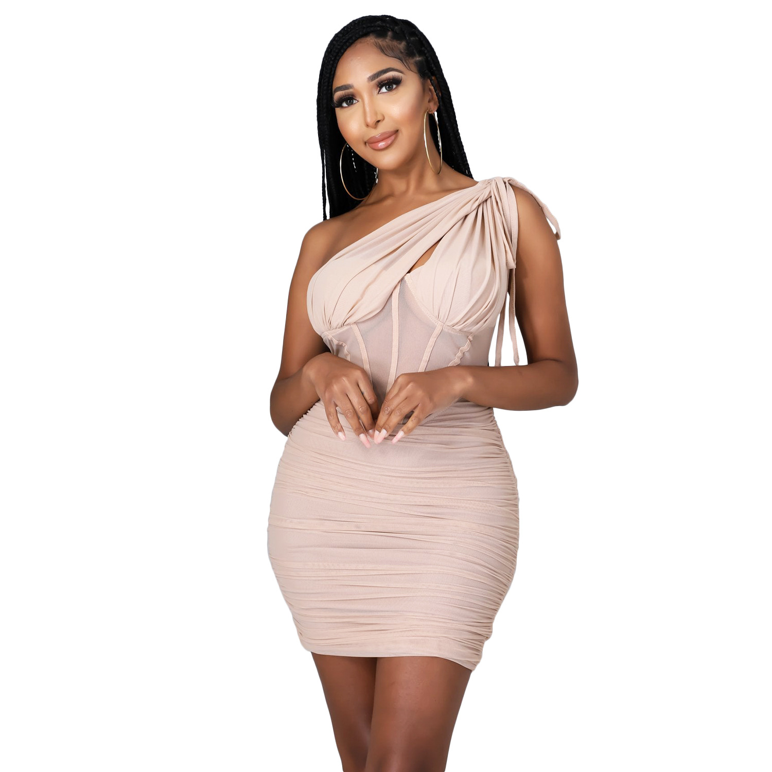 Mesh Perspective Diagonal Shoulder Dress