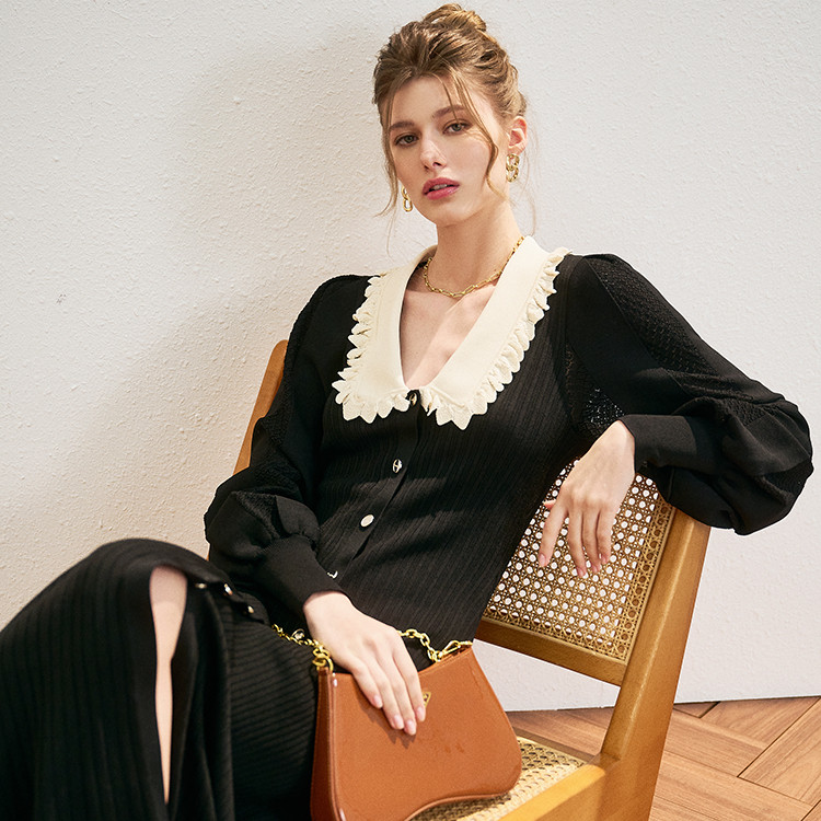 Early Autumn Color Bump Lapel Slim Sweater Women's Single Breasted Long Sleeve Small Black Long Skirt