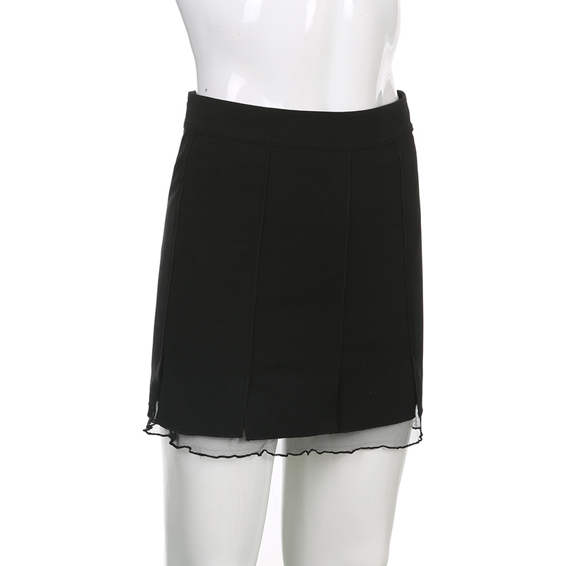 Low Waist Slit Stitching Mesh Gauze Double Elastic Skirt Female