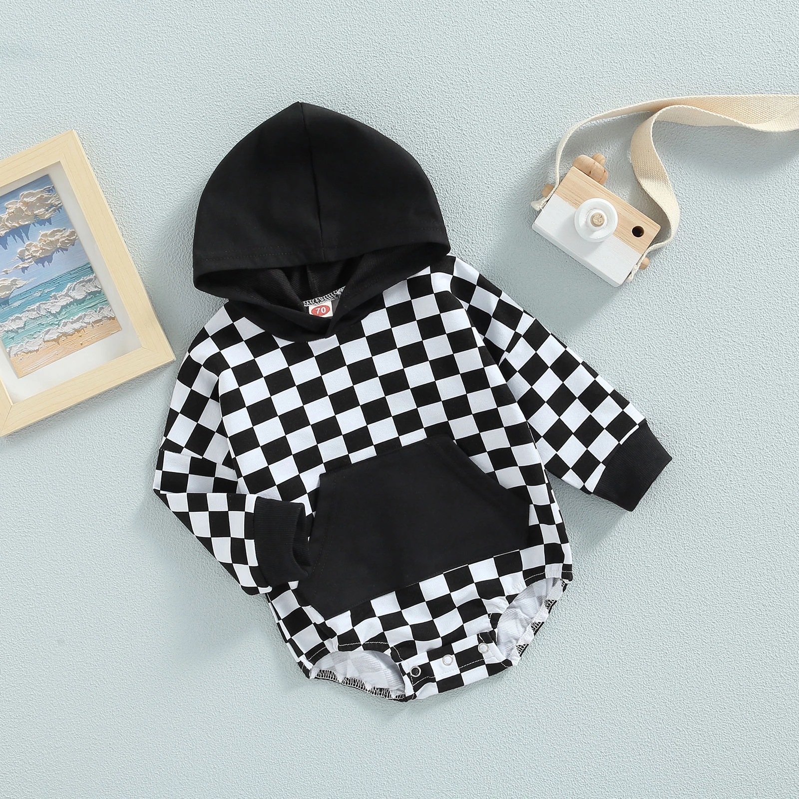 Plaid Long Sleeve Hooded Panda Bag Romper