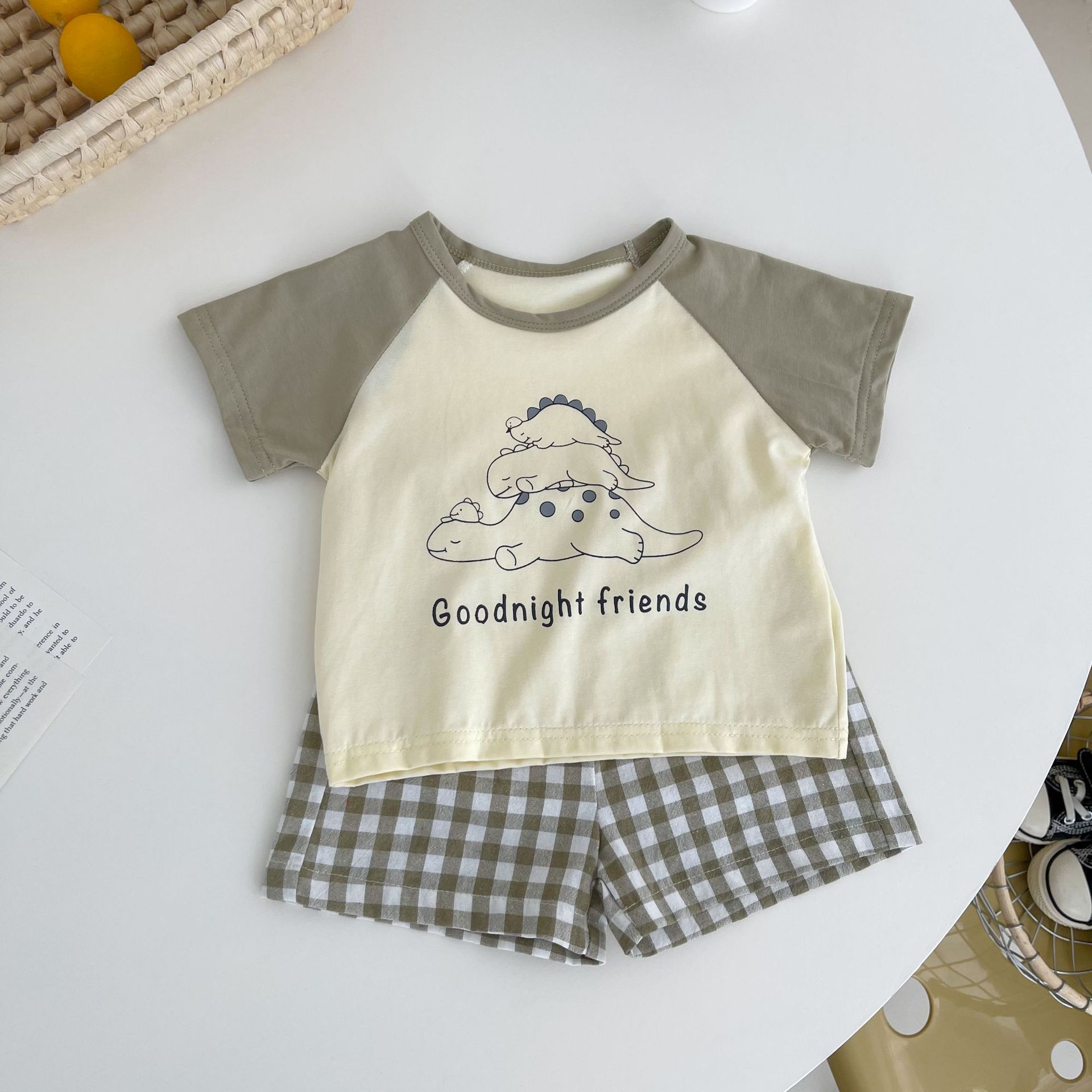 Ins Korean Style Children's Short Sleeve Two-piece Small Dinosaur Print