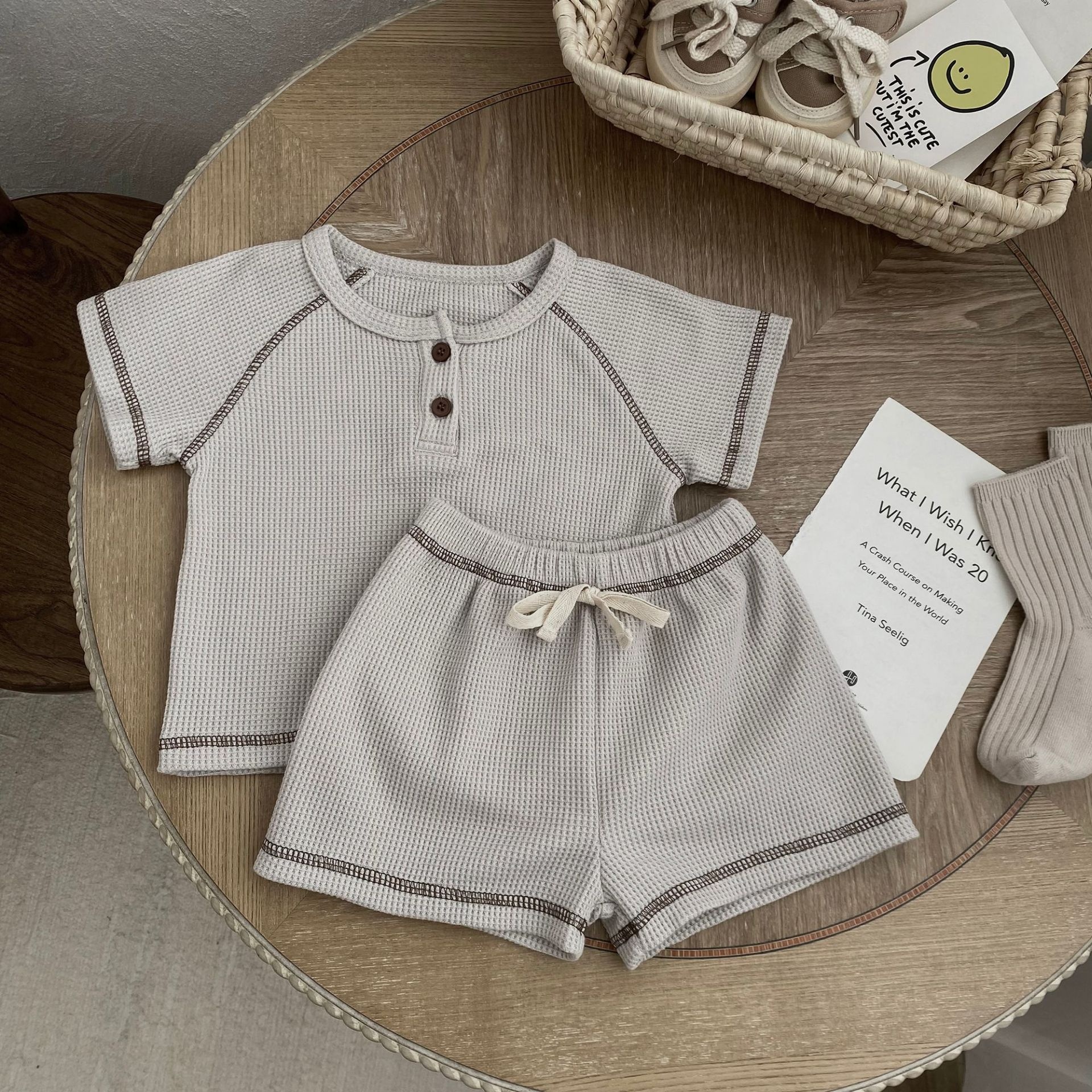 Ins Children's Waffle Short Sleeve Two-piece Set