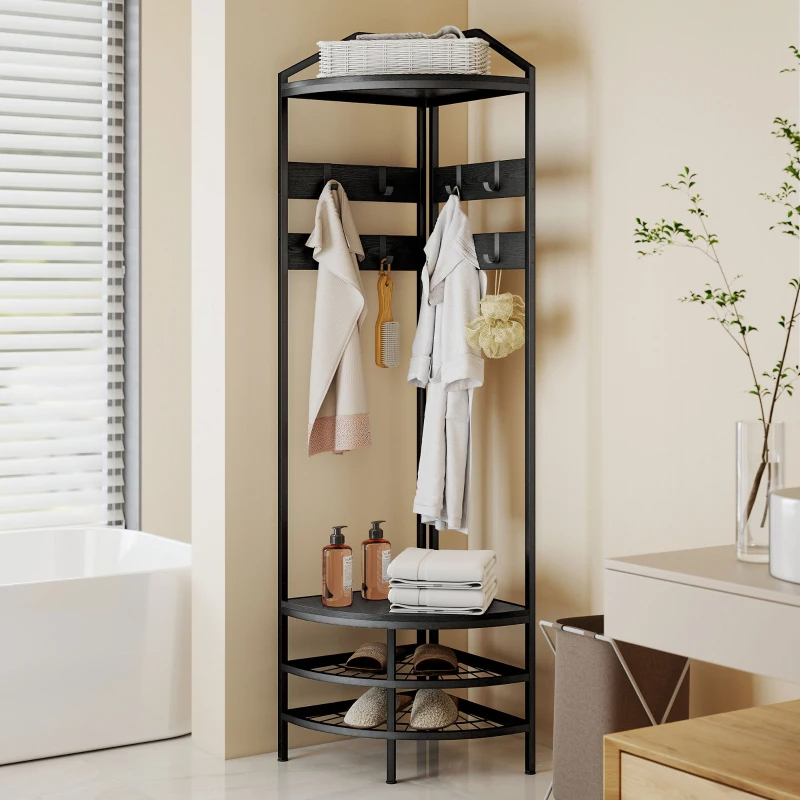 Corner Hall Tree, Industrial 4-Tier Coat Rack With Shoe Storage, 8 Movable Hooks And 2 Shelves For Hallway, Black
