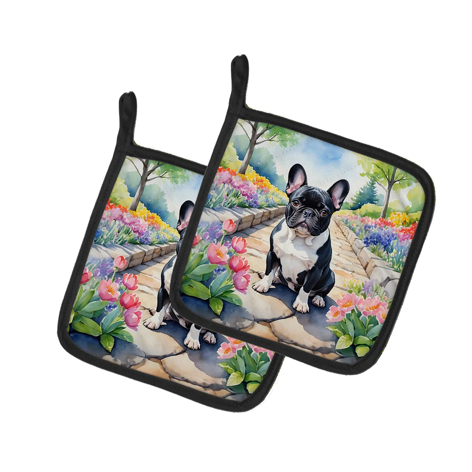 French Bulldog Spring Path Pair of Pot Holders Kitchen Heat Resistant Pot Holders Sets Oven Hot Pads for Cooking Baking BBQ, 7 1/2 x 7 1/2