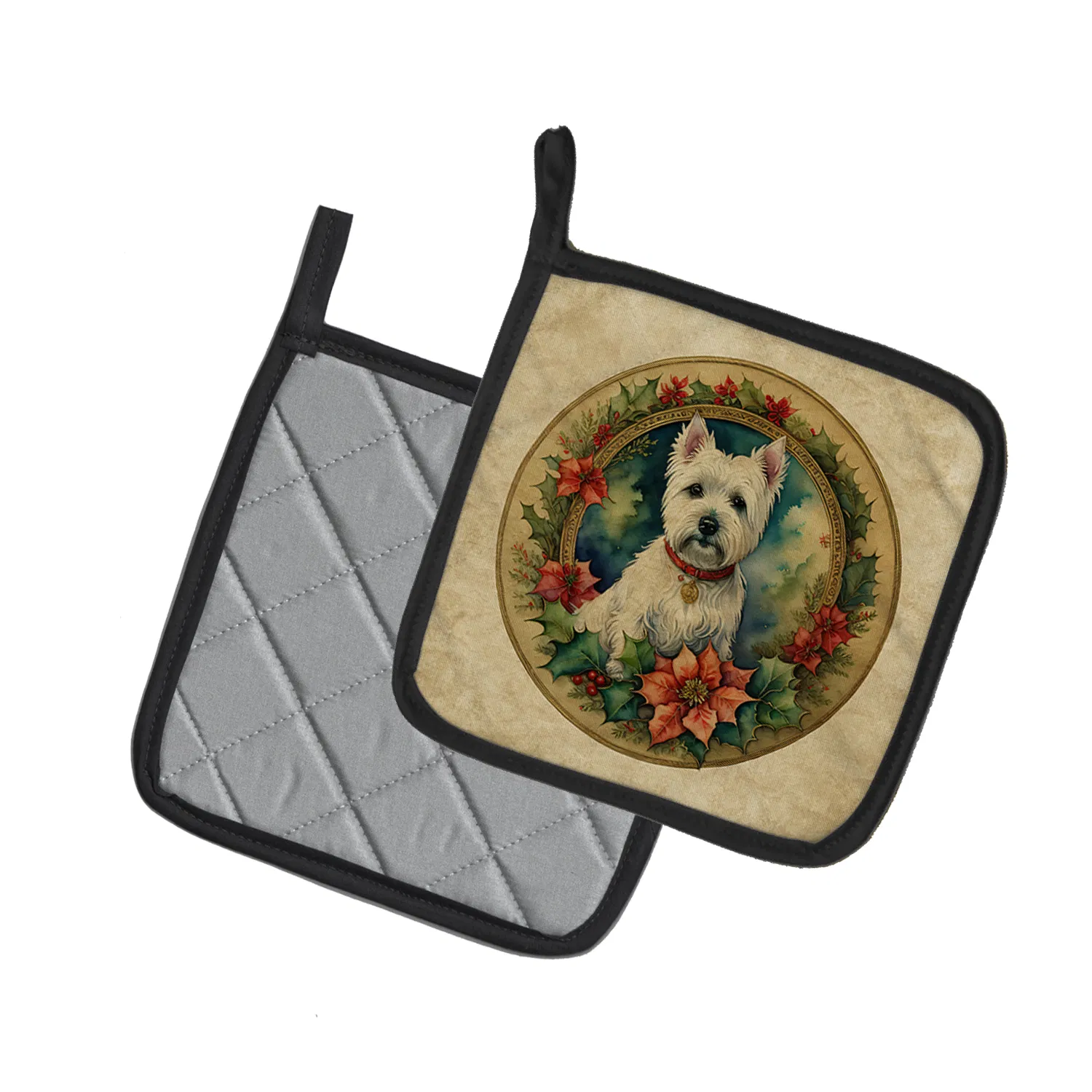 Westie Christmas Flowers Pair of Pot Holders Kitchen Heat Resistant Pot Holders Sets Oven Hot Pads for Cooking Baking BBQ, 7 1/2 x 7 1/2