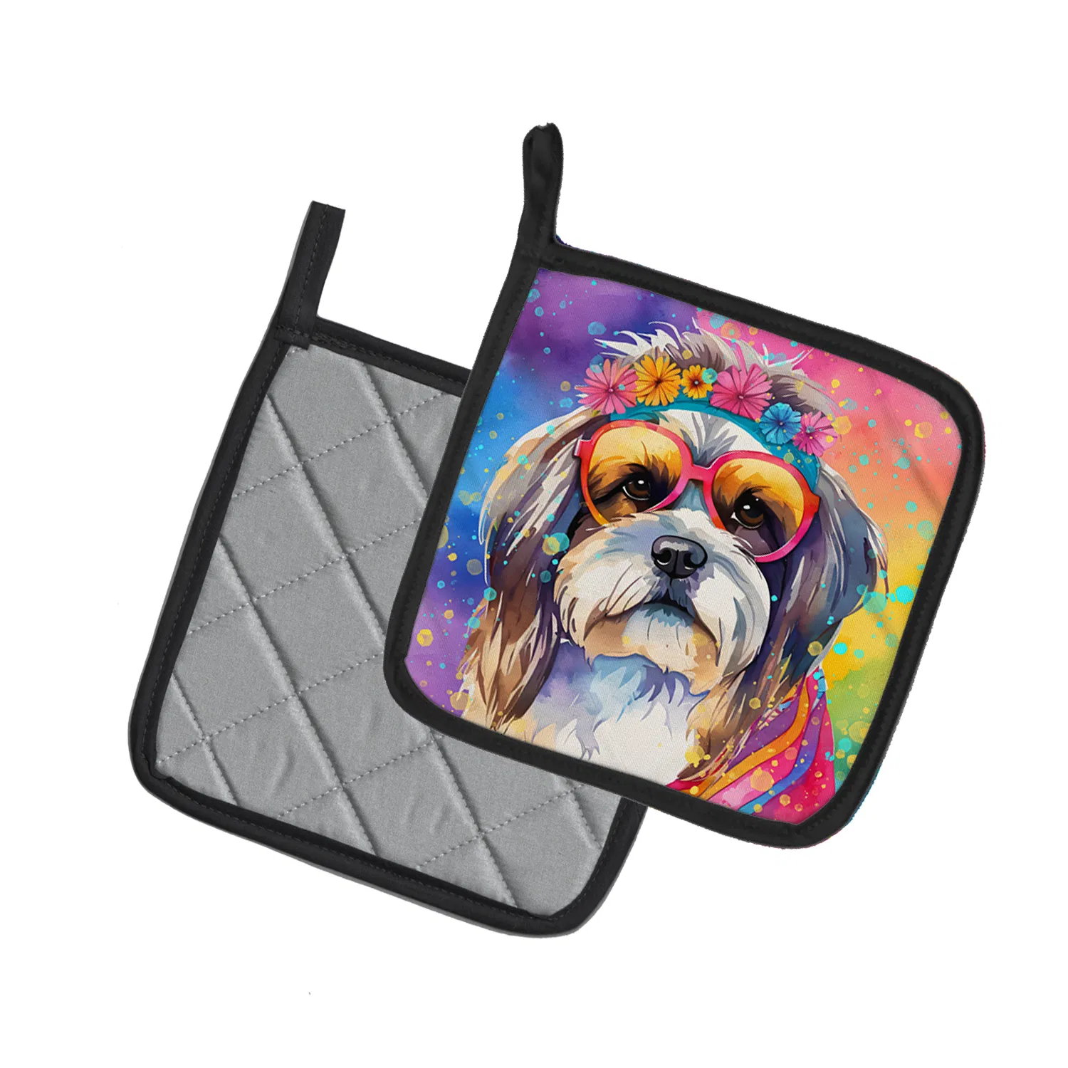 Shih Tzu Hippie Dawg Pair of Pot Holders Kitchen Heat Resistant Pot Holders Sets Oven Hot Pads for Cooking Baking BBQ, 7 1/2 x 7 1/2