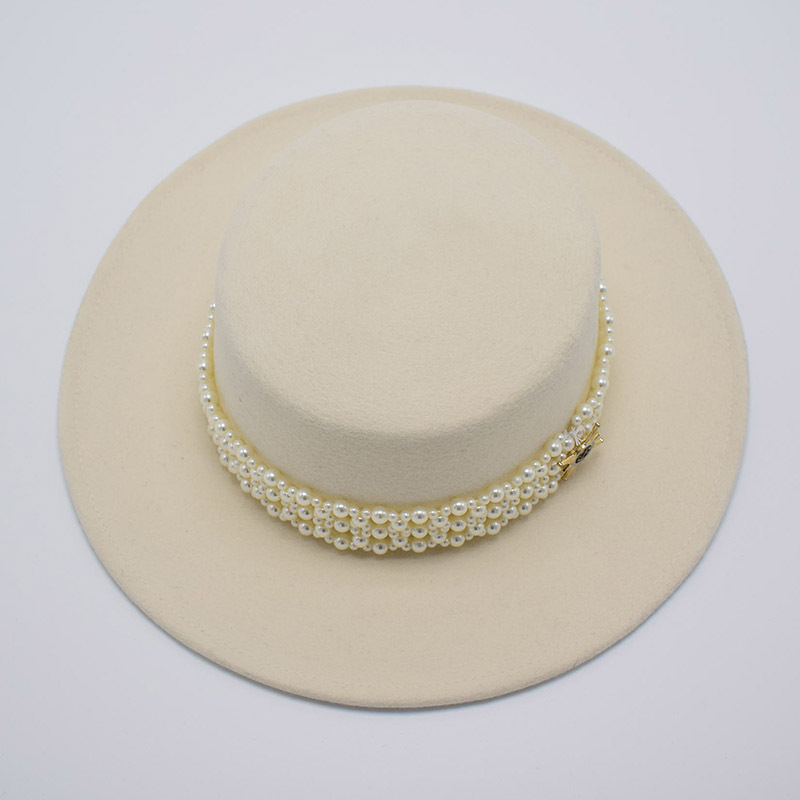 Wide Brim Flat Top Woolen Hat Women's Pearl Chain Felt Cap