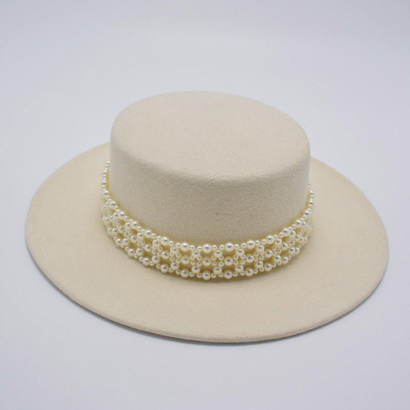 Wide Brim Flat Top Woolen Hat Women's Pearl Chain Felt Cap