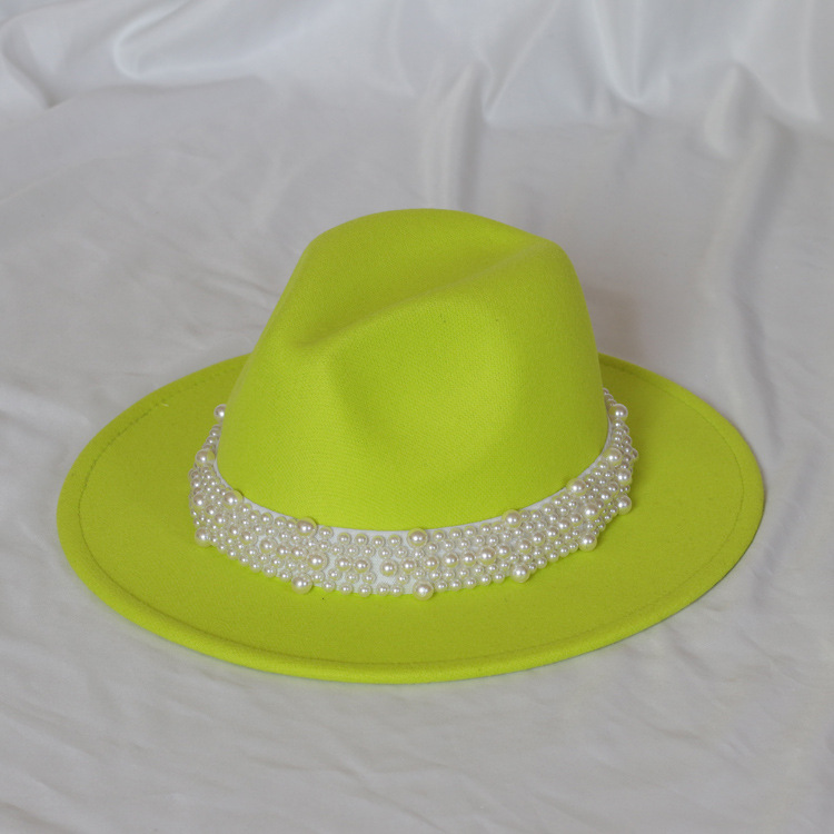 Handmade Pearl Top Hat Big Brim Fur Felt Hat