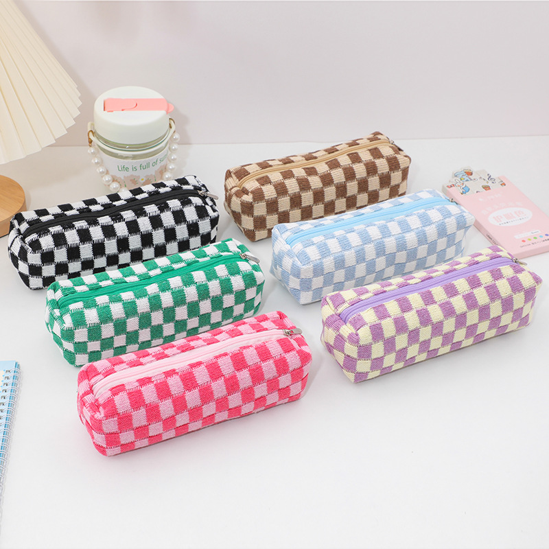 Korean-style Knitted Wool Chessboard Grid Pencil Case Simple Storage Bag