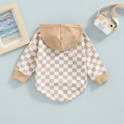 Plaid Long Sleeve Hooded Panda Bag Romper