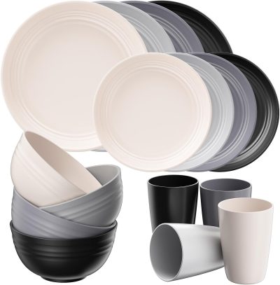 16 Piece Plates And Bowls Set For 4, Plastic Dinnerware Set, Lightweight Reusable Tableware For Home, Kitchen, Camping & Grey