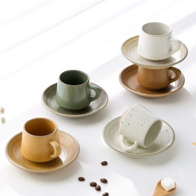 Elegant And Creative Rustic Stoneware Latte Art Retro Ceramic Cup And Saucer Set